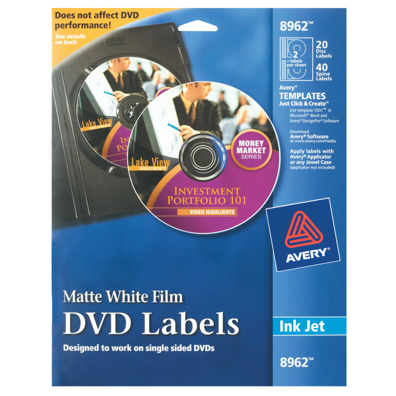 Avery Film DVD Labels, 8962, Round, 4-13/20in Diameter, White, 20 Disc Labels And 40 Spine Labels (Min Order Qty 3) MPN:8962