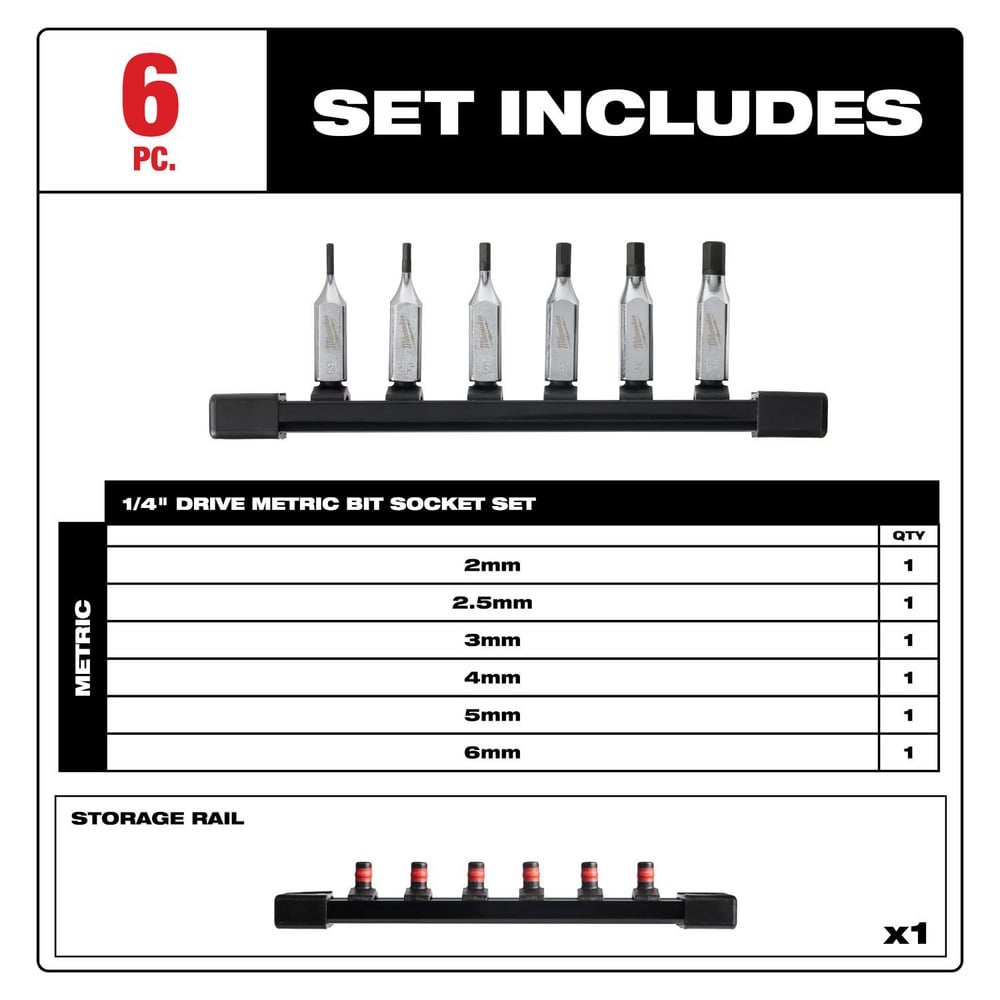 Hex & Torx Bit Socket Sets, Set Type: Hex Bit , Drive Size: 1/4 , Minimum Set Hex Size (Metric): 2.0 , Finish: Chrome , Maximum Set Hex Size (Metric): 6  MPN:48-22-9541