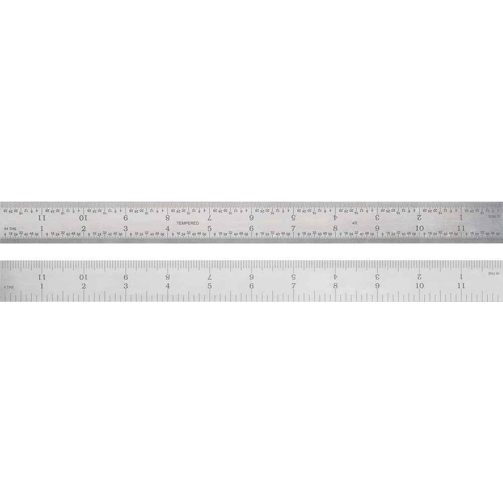 Steel Rules, Material: Steel , Length (Inch): 24 , Graduation (Inch): 1/1001/641/321/10 , Tip Style: Flat , Color: Silver  MPN:523400240