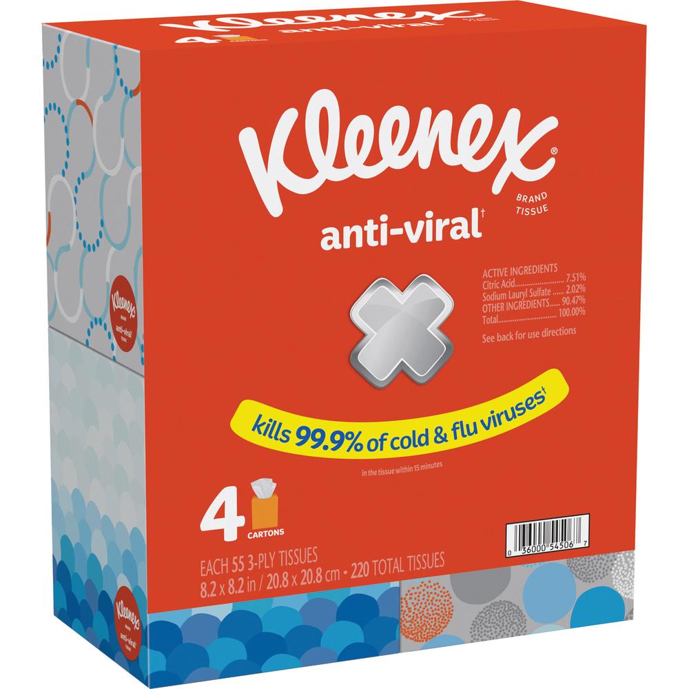 Kleenex Anti-Viral 3-Ply Facial Tissues, White, 55 Tissues Per Box, Pack Of 4 Boxes (Min Order Qty 5) MPN:KCC54506