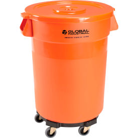 GoVets™ Plastic Trash Can with Lid & Dolly - 32 Gallon Bright Orange 460BORB240