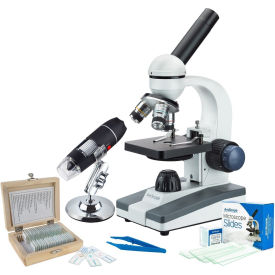 AmScope 40X-1000X Monocular Microscope 25-pc Slides Set & Tweezers Plus USB Digital Microscope VB-M150C-SLVR