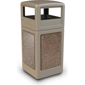 PolyTec™  Square Waste Container w/Dome Lid - Beige w/Riverstone Stone Panels 42-Gallon 72041599