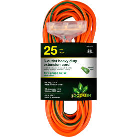 GoGreen Power 14/3 25' 3-Outlet Heavy Duty Extension Cord GG-15125 Lighted End GG-15125