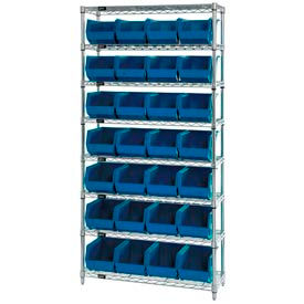 GoVets™ Chrome Wire Shelving w/ 28 Stacking Blue Bins 36