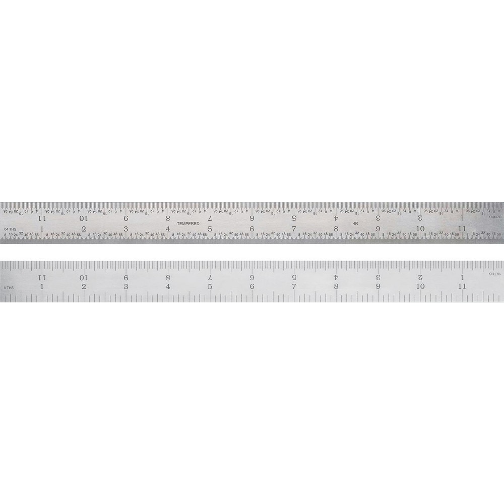 Steel Rules, Material: Steel , Length (Inch): 36 , Graduation (Inch): 1/64, 1/32, 1/16, 1/8 , Tip Style: Flat , Color: Silver  MPN:523300360