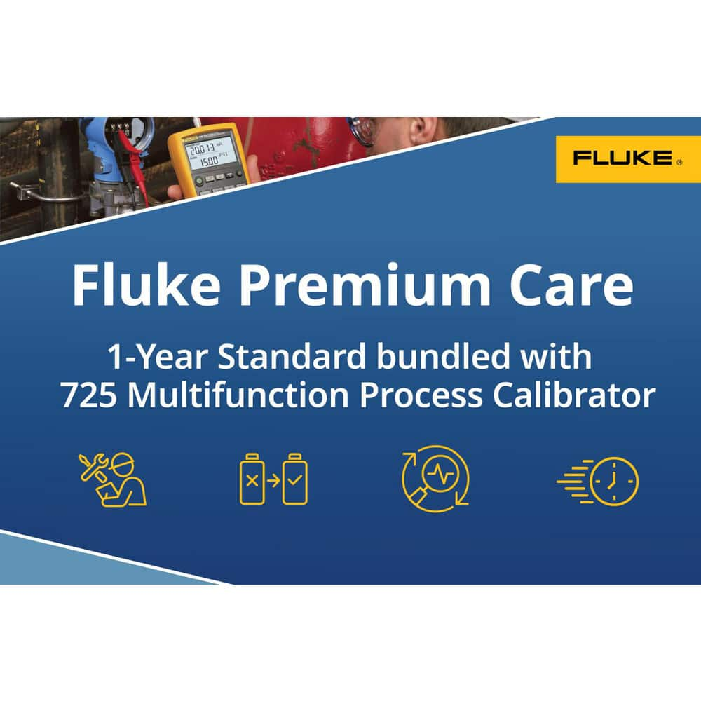 Fluke 725 Calibrator plus Fluke Premium Care ensures your test tool function properly and limits unplanned downtime and costs. Standard service level provides coverage above and beyond the original product warranty.   One fee MPN:FLUKE-725/FPC