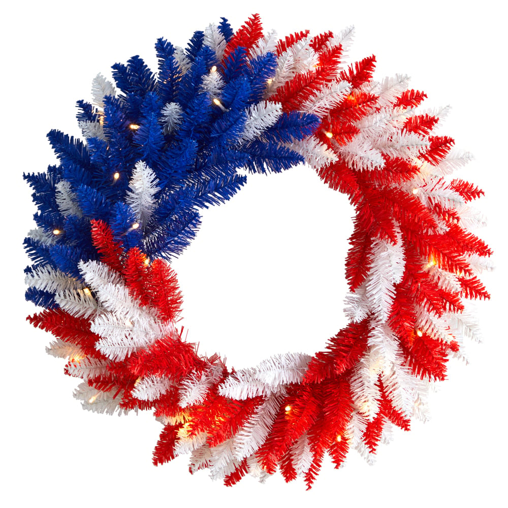 Nearly Natural Patriotic Americana 18inH Artificial Wreath With 20 LED Lights, 18inH x 18inW x 3inD, Red/White/Blue (Min Order Qty 2) MPN:W1171