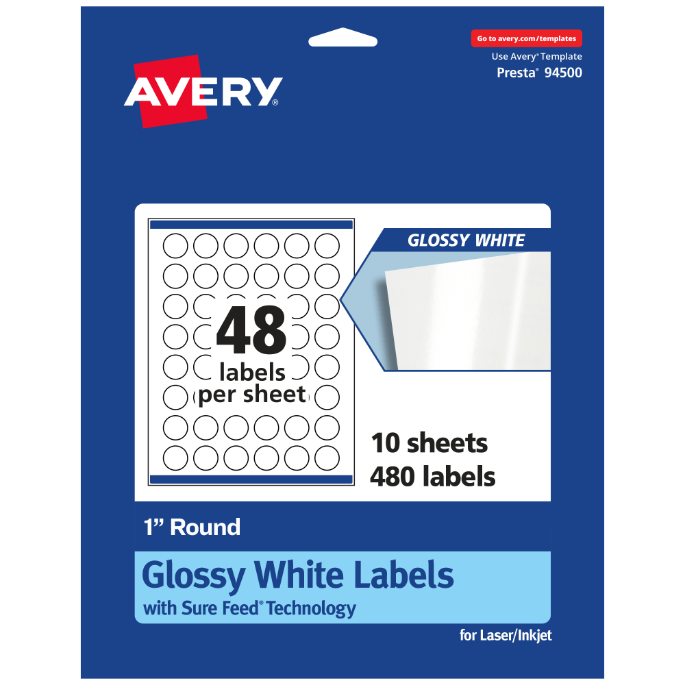 Avery Glossy Permanent Labels With Sure Feed, 94500-WGP10, Round, 1in Diameter, White, Pack Of 480 (Min Order Qty 4) MPN:94500-WGP10