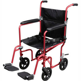 Fly-Weight Aluminum Transport Chair with Removable Casters Red Frame and Black Upholstery RTLFW19RW-RD