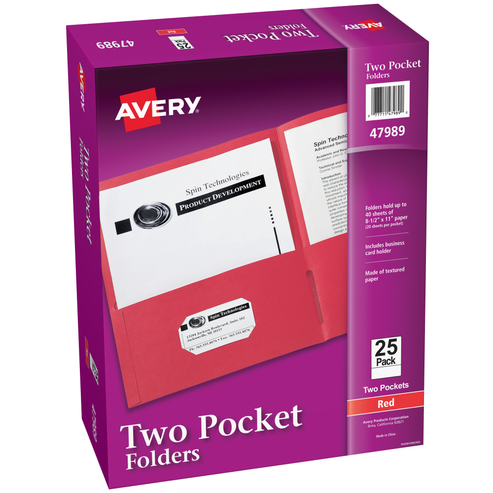 Avery Paper 2-Pocket Folders, 8-1/2in x 11in, Red, Pack Of 125 Folders MPN:47989CT