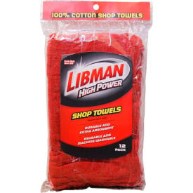 Libman Commercial High Power® 100 Cotton Red Shop Towels 12 Pack - 591 591