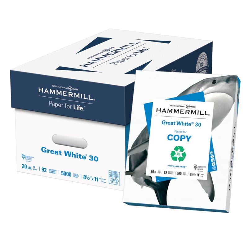 Hammermill Great White Copy Paper, 10 Reams, White, Letter (8.5in x 11in), 5000 Sheets Per Case, 20 Lb, 92 Brightness, 30% Recycled MPN:680017