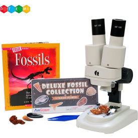 AmScope 20X-50X Kid's Deluxe Stereo Microscope with Fossil Kit Dual-Illumination SE102LED-18FOS-FSL-TW