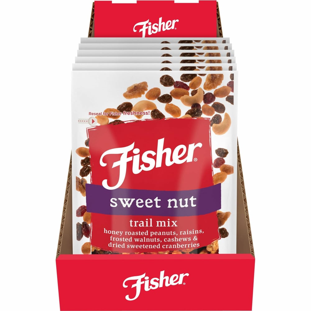 Fisher Sweet Nut Mix - Resealable Bag - Honey Roasted Peanut, Raisin, Walnut, Cashew, Dried Cranberries - 1 Serving Bag - 4 oz - 6 / Carton (Min Order Qty 5) MPN:P27169