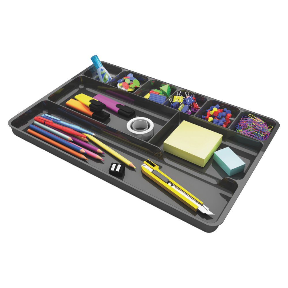 Deflecto Plastic Desk Drawer Organizer, 1inH x 14inW x 9inD, Black (Min Order Qty 7) MPN:38104