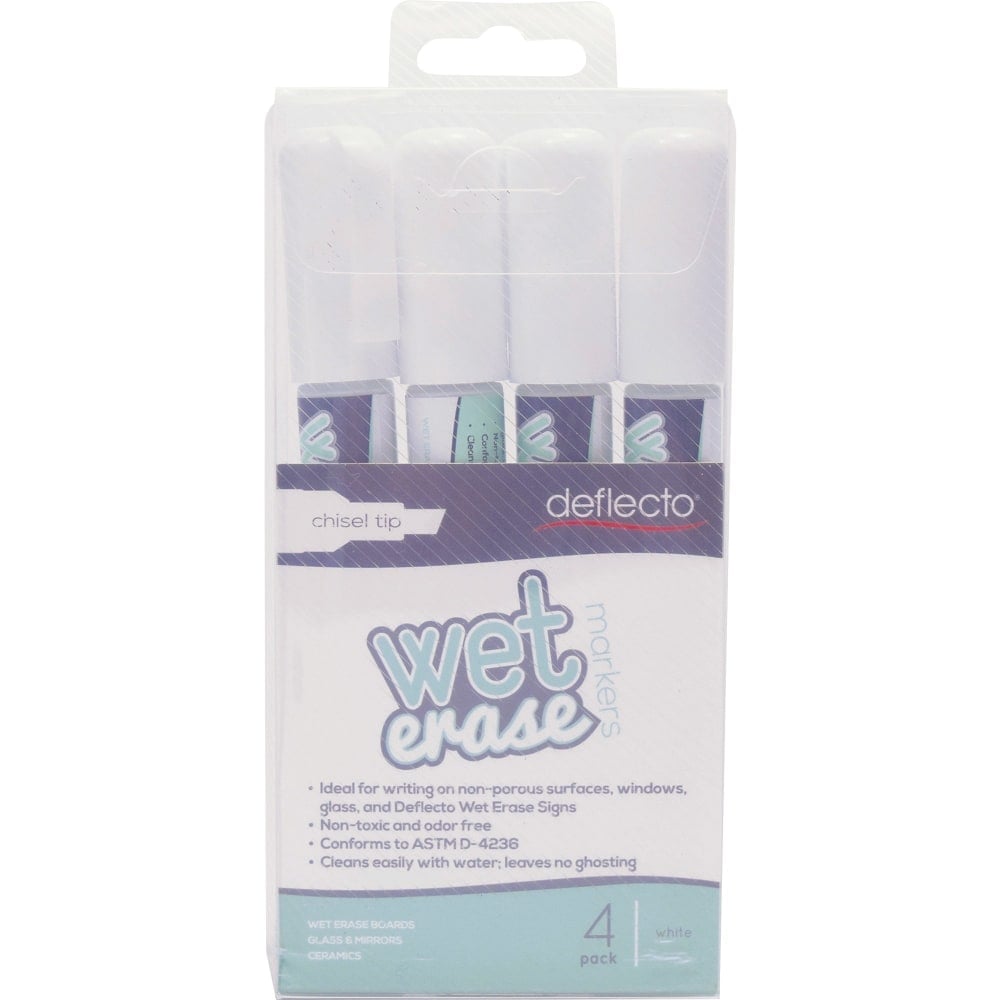 Deflecto Chisel Tip Wet-Erase Markers, Fine, Bold Point Type, Chisel Point Style, White, Pack Of 4 (Min Order Qty 2) MPN:SMA510V4WT