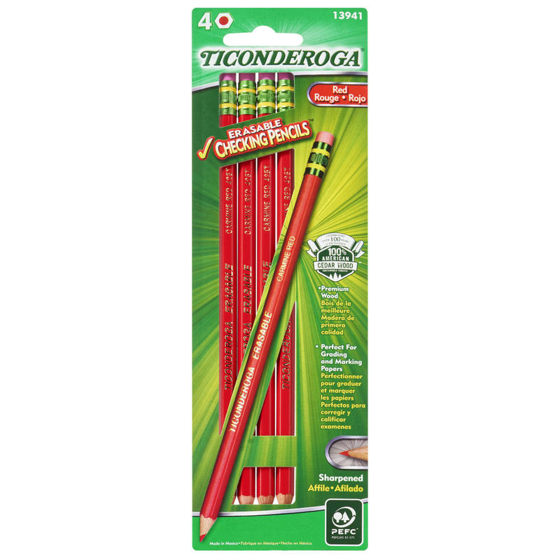 Ticonderoga Erasable Checking Pencils, 2.6 mm, Red, Pack Of 4 Pencils (Min Order Qty 30) MPN:13941