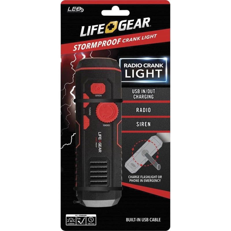 Life+Gear 120-Lumen Rechargeable Stormproof USB Crank Flashlight And Radio, 6-1/4in x 2in, Black/Red (Min Order Qty 3) MPN:LG38-60675-RED