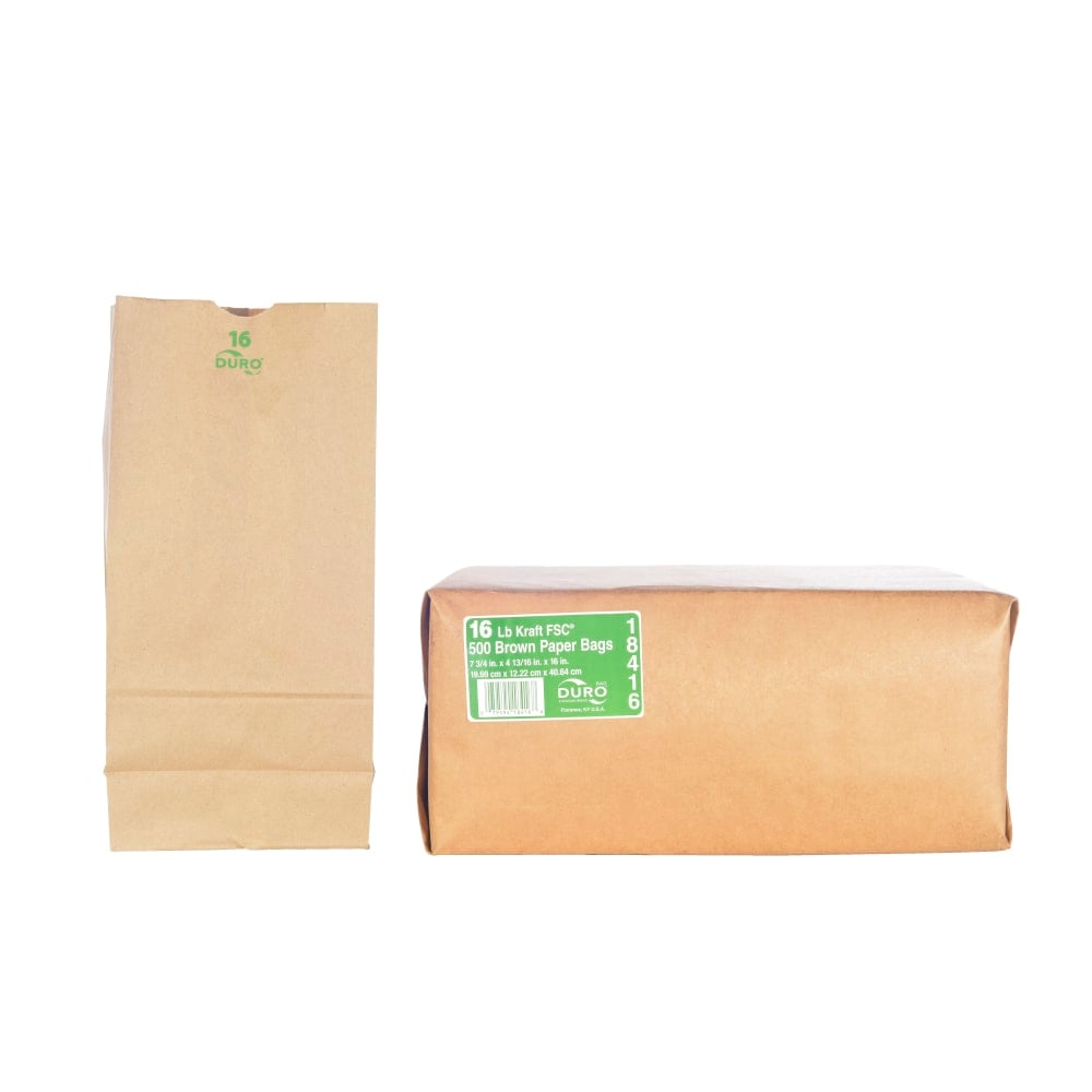 Duro Bag #16 Kraft Lunch Bags, 7 3/4inH x 4 13/16inW x 16inD, Kraft, Pack Of 500 (Min Order Qty 3) MPN:80796