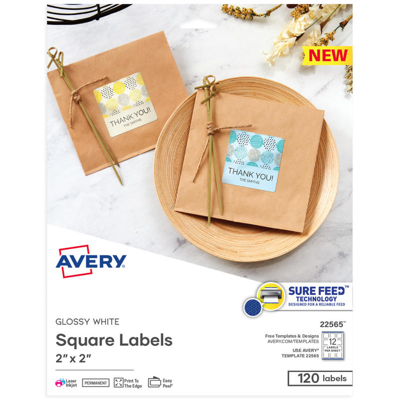 Avery Printable Square Labels, 22565, 2inW x 2inD, Glossy White, Pack Of 120 Labels (Min Order Qty 4) MPN:22565