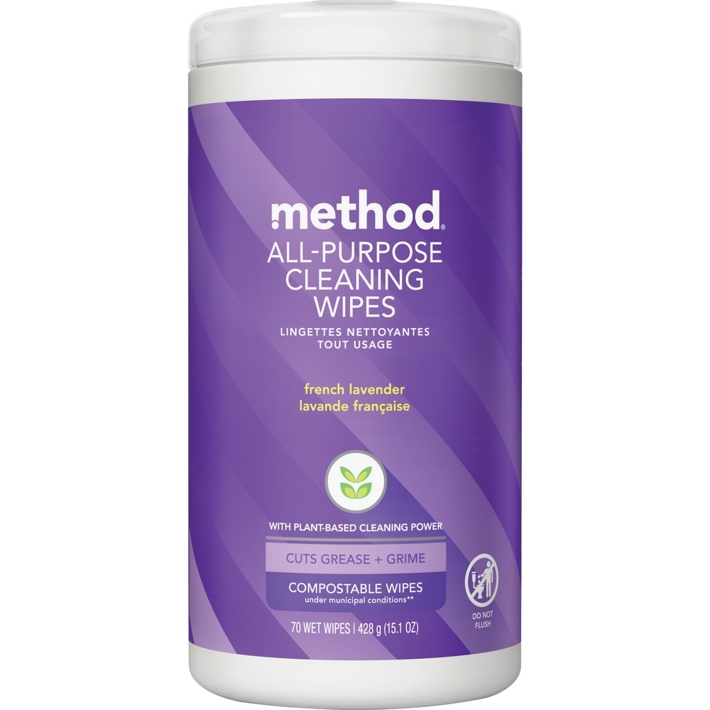 Method Plant-Based Cleaning Wipes, French Lavender Scent, 4in x 4in, 70 Wipes Per Tub (Min Order Qty 6) MPN:338520