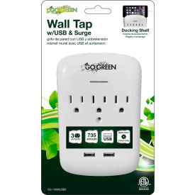 GoGreen Power 3 Outlet wall tap with 2 USB ports 735 Joules GG-13000USB2-PKG - White GG-13000USB2-PKG