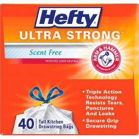 Hefty® Ultra Strong Tall Kitchen and Trash Bags 13 gal 0.9 mil White 40/Bx 6 Boxes/Carton RFPE88338CT