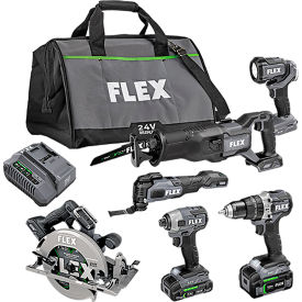 Flex Brushless 6 Tool Combo Kit w/ Hammer Drill Impact Driver Circular Saw & Work Light 24V FXM601-2B