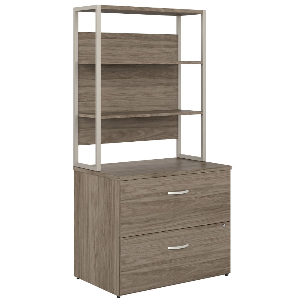 Bush Business Furniture Hybrid 35-11/16inW x 23-3/8inD Lateral 2-Drawer File Cabinet With Shelves, Modern Hickory, Standard Delivery MPN:HYB018MHSU