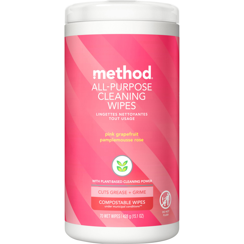 Method All-Purpose Cleaning Wipes, 3in x 4in, Pink Grapefruit Scent, Pink, Tub Of 70 (Min Order Qty 6) MPN:338527