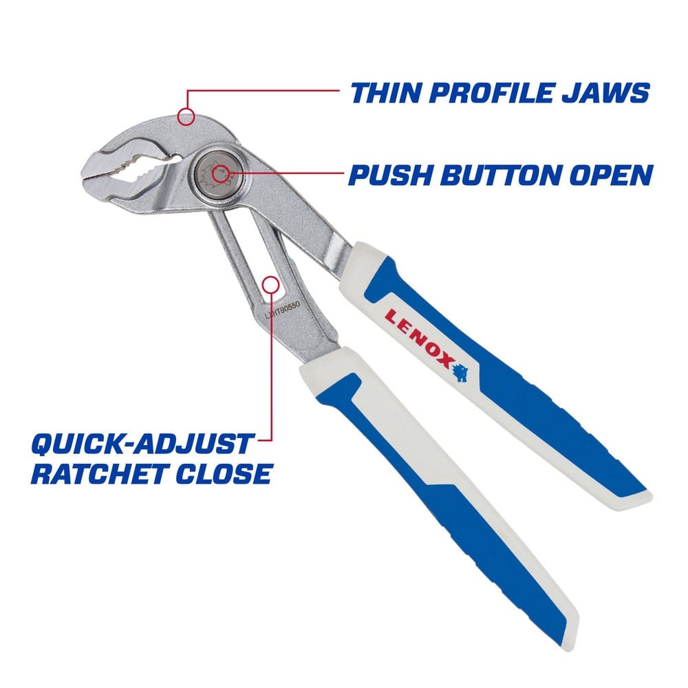 Slip Joint Pliers, Jaw Texture: Smooth , Jaw Length: 1.75in , Jaw Width: 0.375in , Overall Length: 8.00in , Thin Nose: No  MPN:LXHT90550