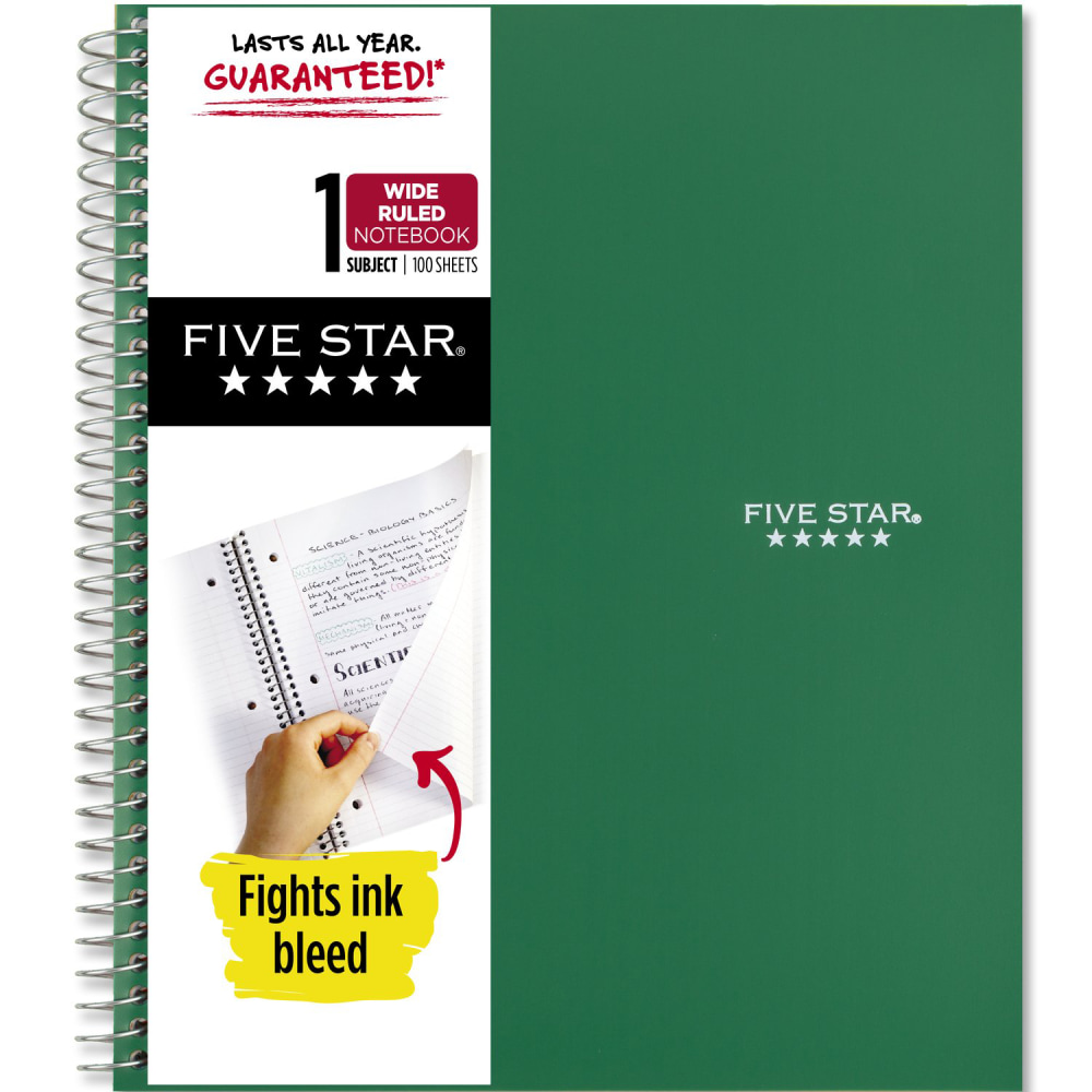 Five Star Wirebound Notebook, 8in x 10-1/2in, 1 Subject, Wide Ruled, 100 Sheets, Forest Green (Min Order Qty 9) MPN:930010CE1-ECM