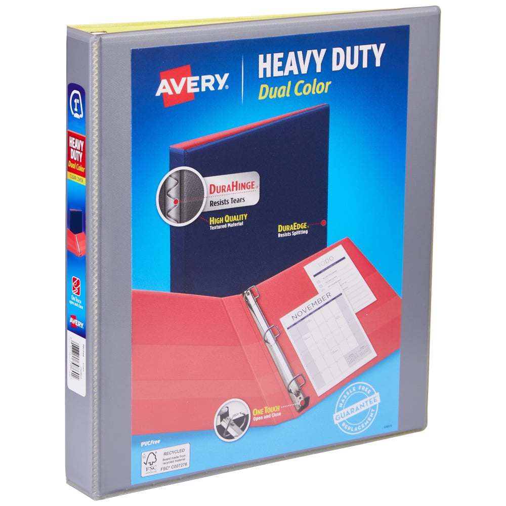 Avery 3-Ring Dual Color Heavy-Duty View Binder, 1in Slant Rings, 49% Recycled, Gray/Yellow (Min Order Qty 9) MPN:79898