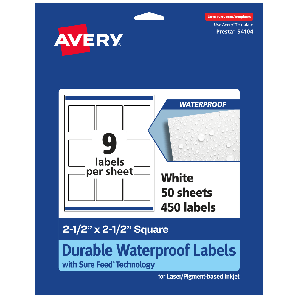 Avery Waterproof Permanent Labels With Sure Feed, 94104-WMF50, Square, 2-1/2in x 2-1/2in, White, Pack Of 450 MPN:94104-WMF50