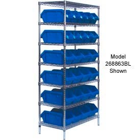 Quantum W7-18-30 Chrome Wire Shelving With 30 QuickPick Double Open Bins Blue 18x36x74 W7-18-30BL