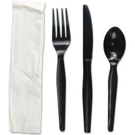 Boardwalk® Four Piece Fork/Knife/Napkin/Teaspoon Cutlery Kit Black Pack of 250 BWKFKTNMWPSBLA