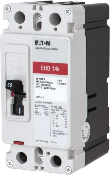 60 Amp, 250 VDC, 480 VAC, 2 Pole, Molded Case Circuit Breaker MPN:EHD2060L