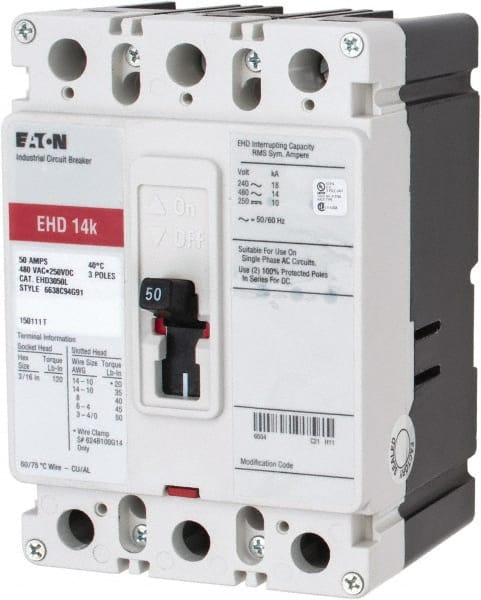 50 Amp, 250 VDC, 480 VAC, 3 Pole, Molded Case Circuit Breaker MPN:EHD3050L