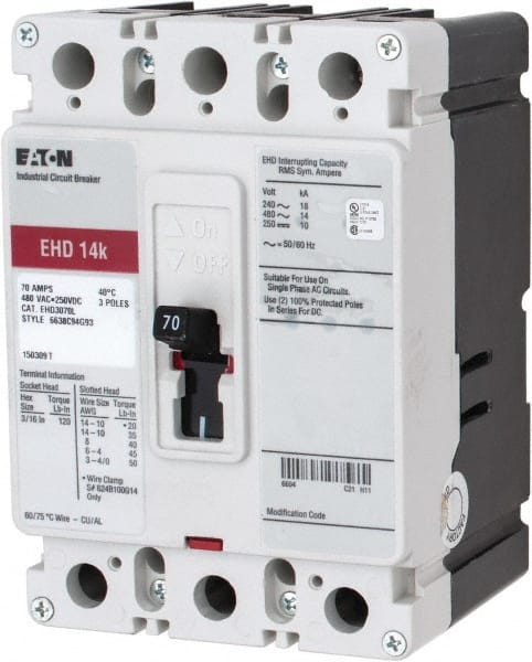 70 Amp, 250 VDC, 480 VAC, 3 Pole, Molded Case Circuit Breaker MPN:EHD3070L