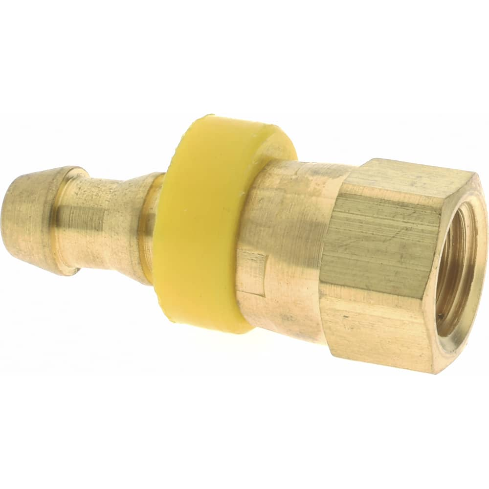 Barbed Push-On Hose Female Connector: 7/16-20 UNF, Brass, 1/4