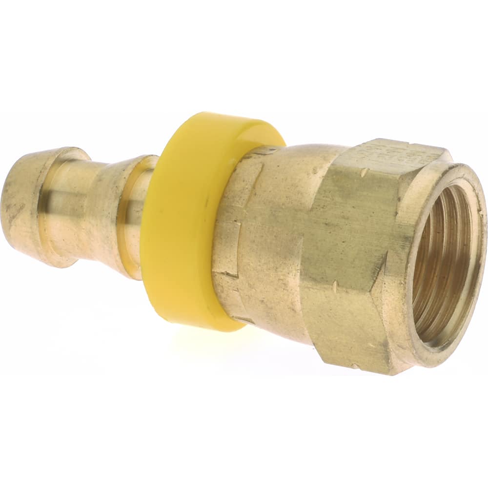 Barbed Push-On Hose Female Pipe Swivel: 5/8-18 UNF, Brass, 3/8