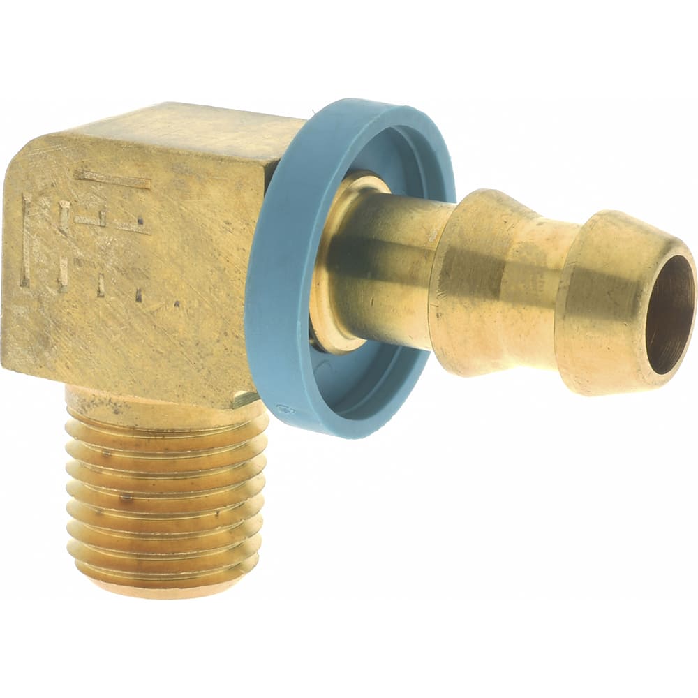 Barbed Push-On Hose Male Elbow: 1/4-18 NPT, Brass, 3/8