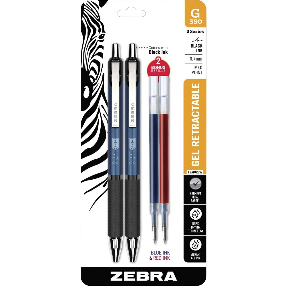 Zebra Pen STEEL 3 Series G-350 Retractable Gel Pens, Pack Of 2, Medium Point, 0.7 mm, Black Barrel, Black Ink (Min Order Qty 6) MPN:ZEB40212