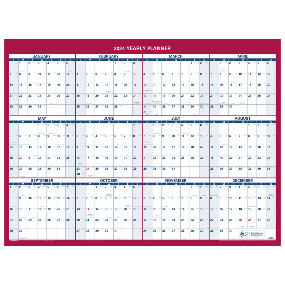 2024 AT-A-GLANCE Horizontal Reversible Erasable Yearly Wall Calendar, 16in x 12in, January to December 2024, PM330B28 (Min Order Qty 5) MPN:PM330B2824