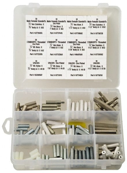 Standoff & Spacer Assortments, Minimum Thread Size (Inch): 1/8 , Maximum Thread Size (Inch): 5/8 , Material: Aluminum, Brass, Stainless Steel, Steel  MPN:SAM-187-1