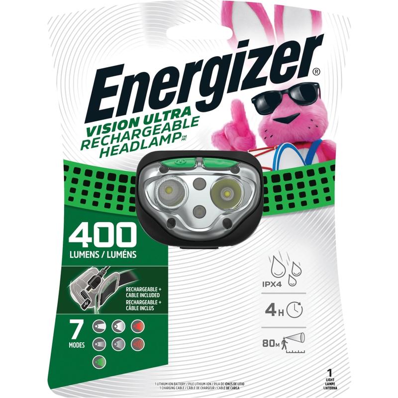 Energizer Vision Ultra HD Rechargeable Headlamp (Includes USB Charging Cable) - LED - 400 lm Lumen - Battery Rechargeable - Battery, USB - Water Resistant, Drop Resistant - Green - 1 Each (Min Order Qty 2) MPN:ENHDFRLP