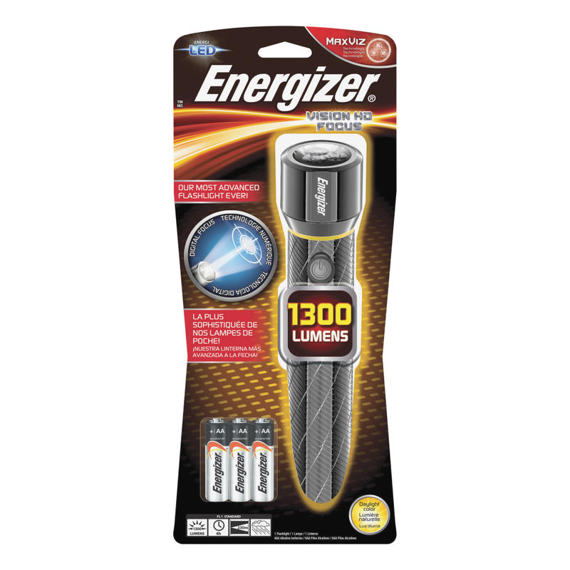 Energizer Vision HD Flashlight with Digital Focus - LED - 1300 lm Lumen - 6 x AA - Battery - Metal - Water Resistant - Chrome - 1 / Pack (Min Order Qty 2) MPN:EPMZH61E