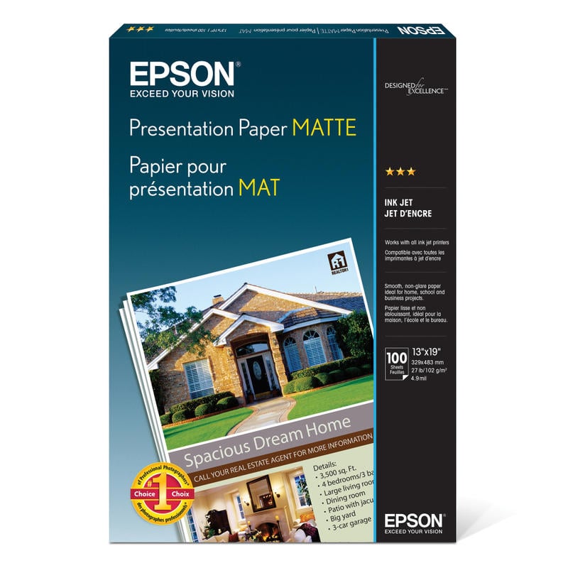 Epson Presentation Paper, Matte White, 13in x 19in, 100 Sheets Per Pack, 27 Lb, 90 Brightness (Min Order Qty 3) MPN:S041069-L