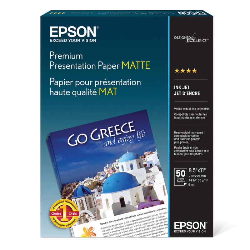 Epson Premium Presentation Paper, White, Letter (8.5in x 11in), 50 Sheets Per Pack, 44 Lb, 97 Brightness (Min Order Qty 5) MPN:S041257